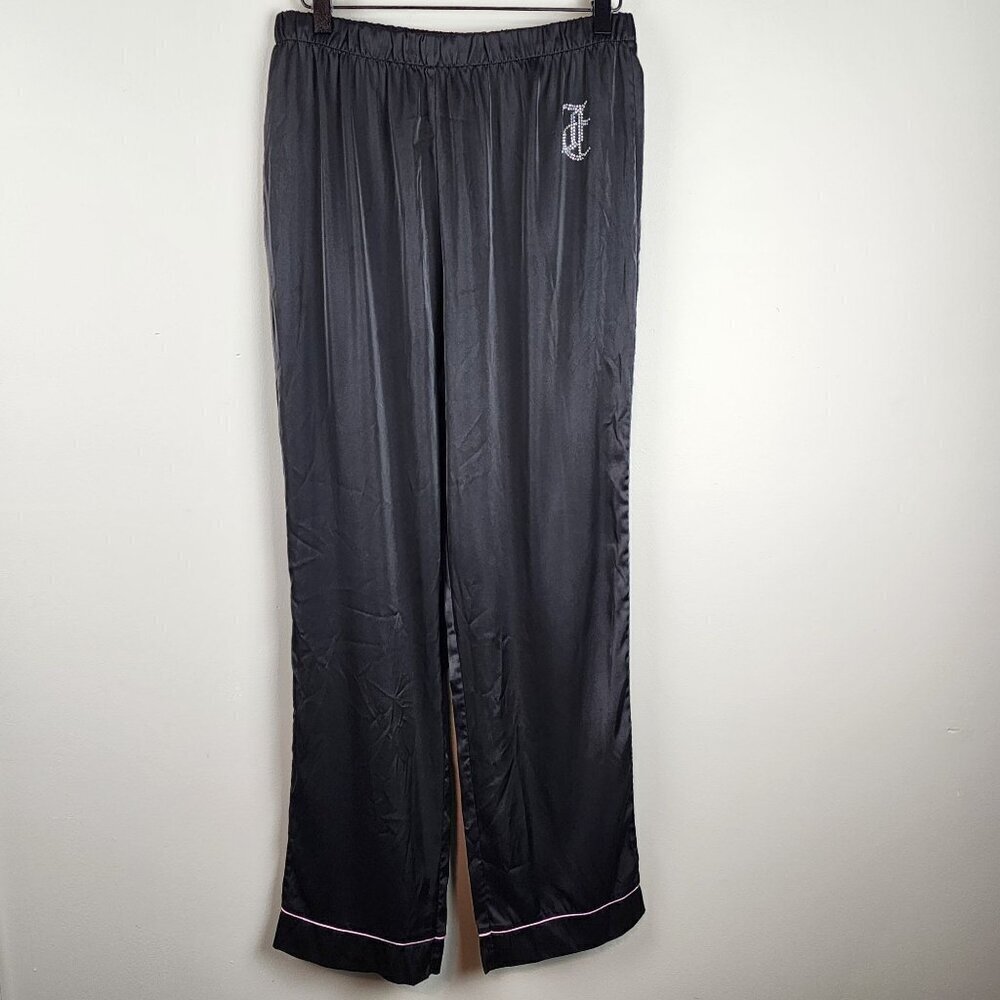 Juicy Couture sz  M black silky pajama lounge pants Shiny bling logo